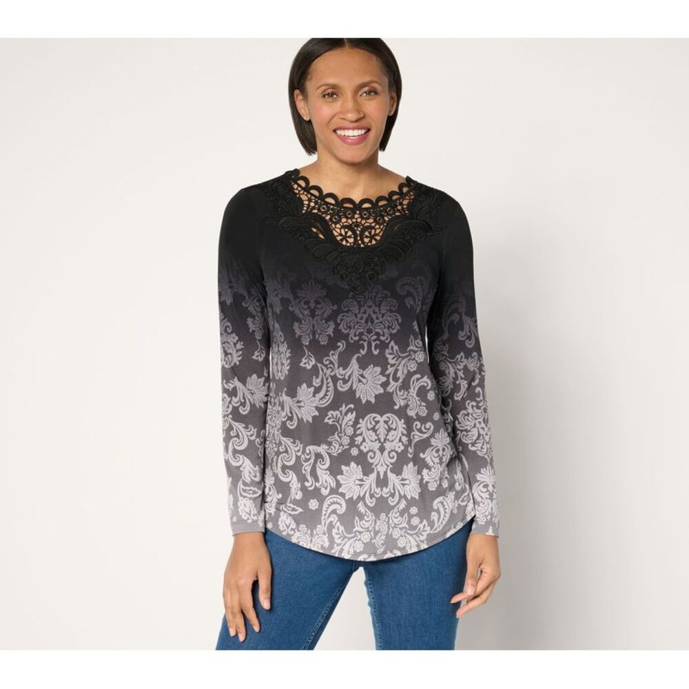 Susan Graver Women's Top Petite PM Printed Liquid Knit Lace Black A680501